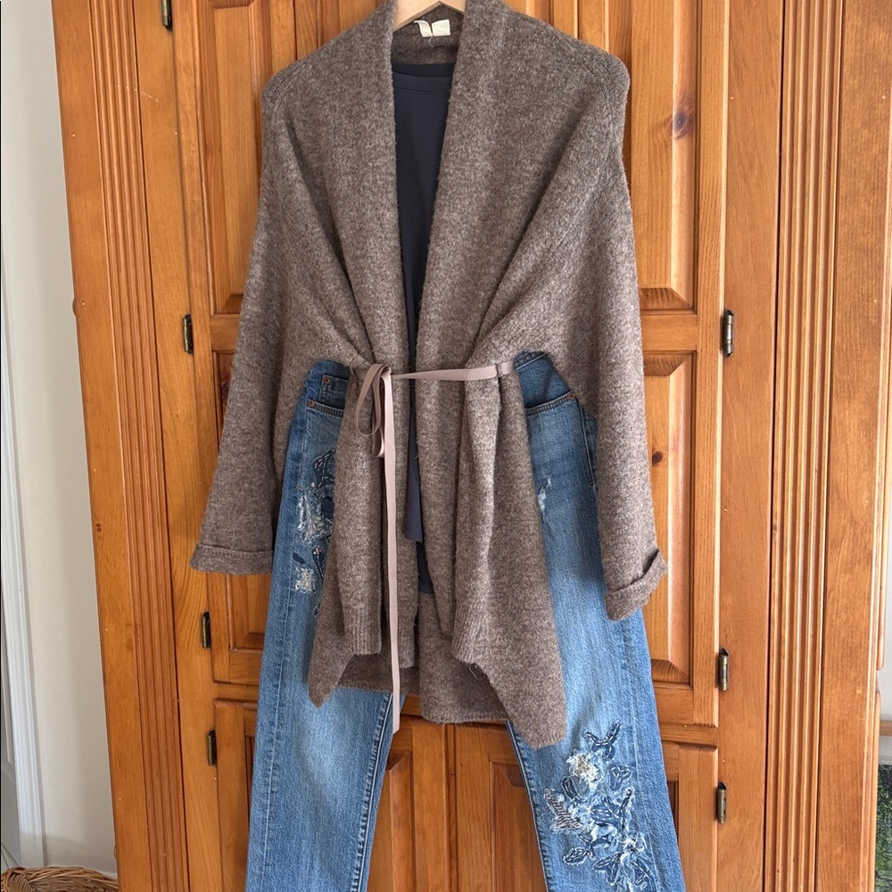 Anthropologie Moth cocoa brown Open Front Cardigan w/ attached grosgrain Belt - Picture 4 of 10